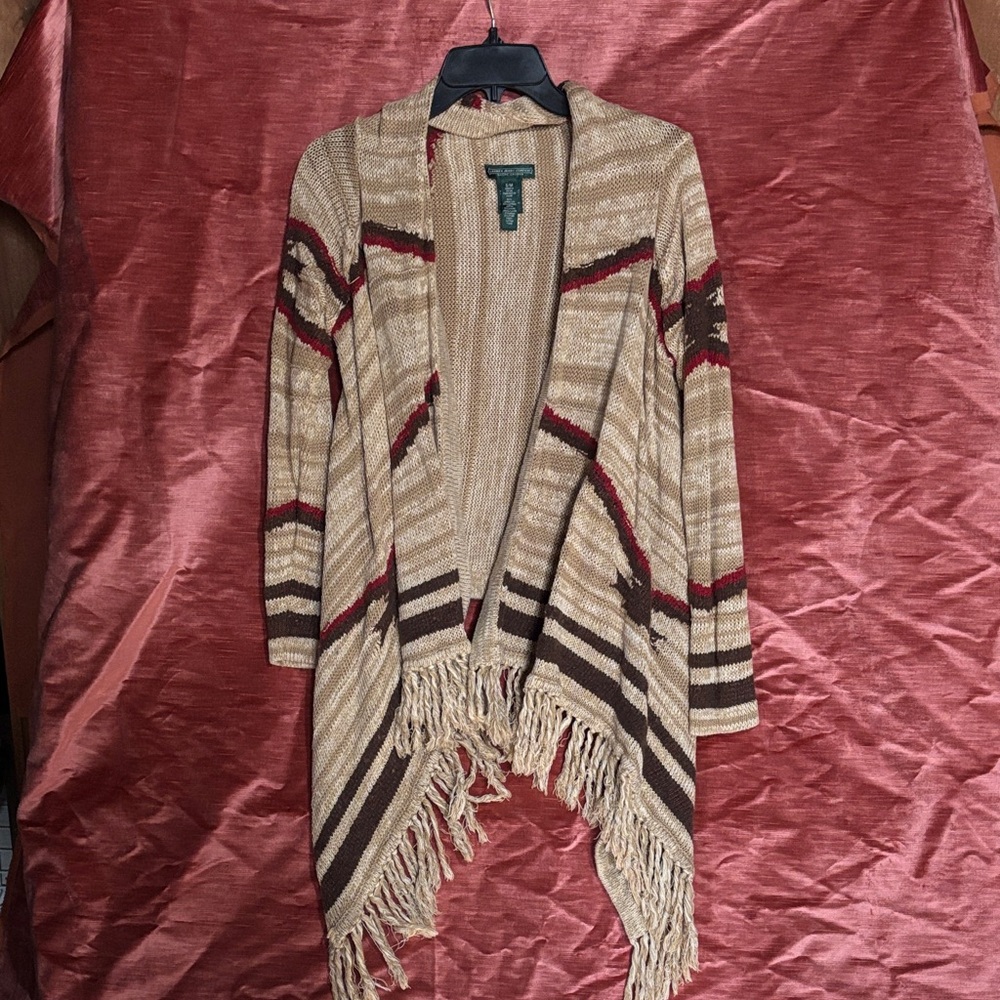 Ralph Lauren Beige and Red Fringed Cardigan